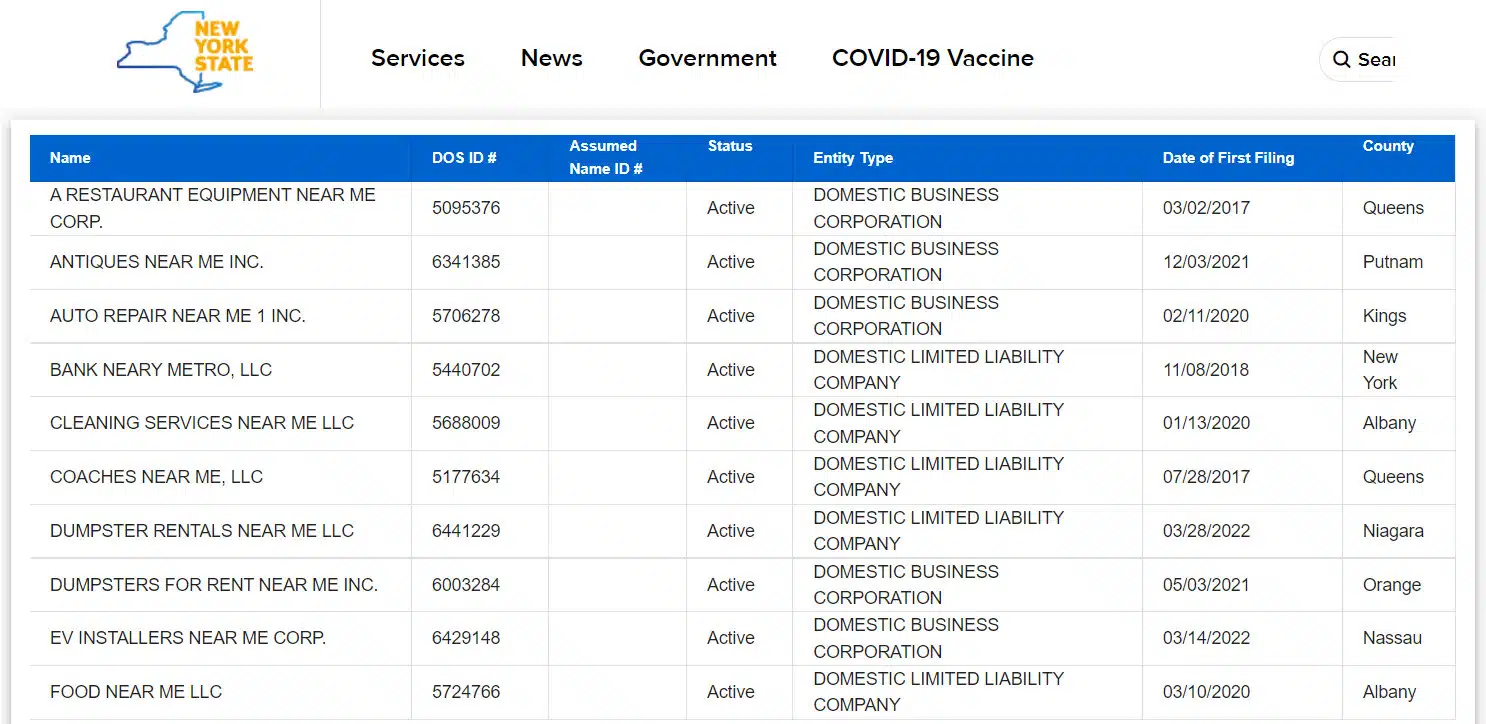 Business registrations for “Near Me” in New York (partial list)