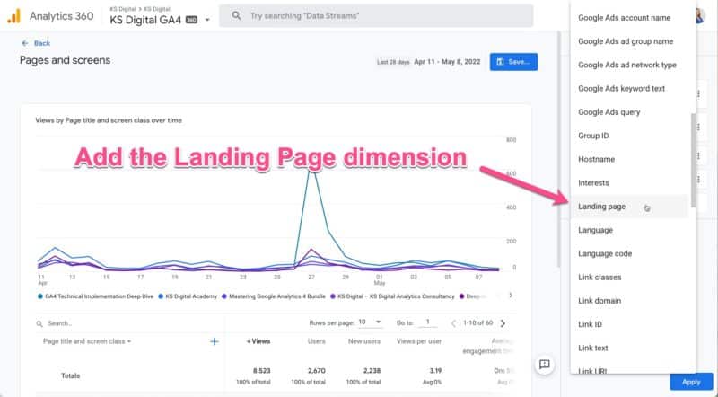 GA4 add landing page dimension