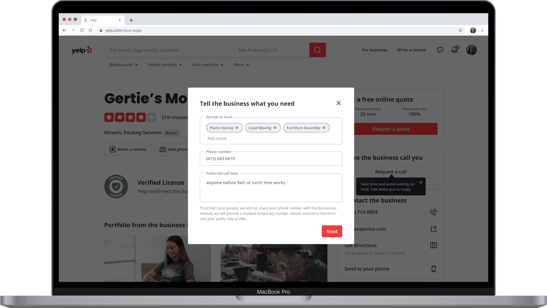 New Yelp feature: Request a Call