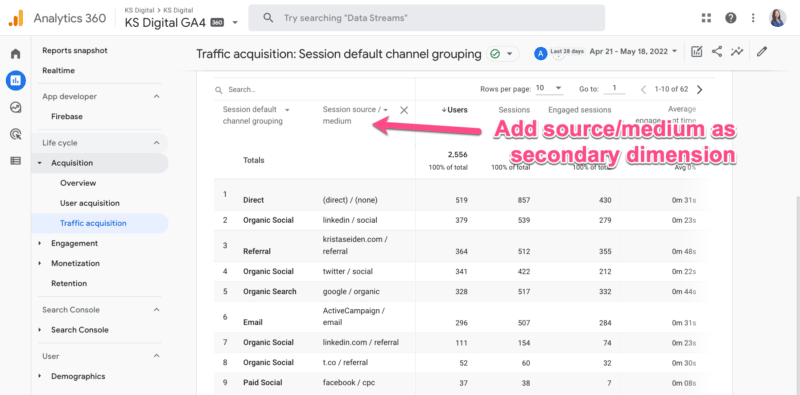 ga4 traffic acquisition add source medium secondary dimension