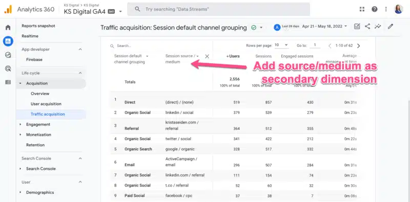 Ga4 Traffic Acquisition Add Source Medium Secondary Dimension