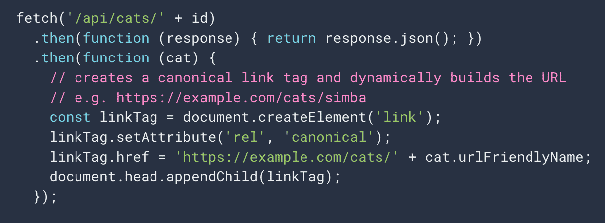 javascript inject canonical tags