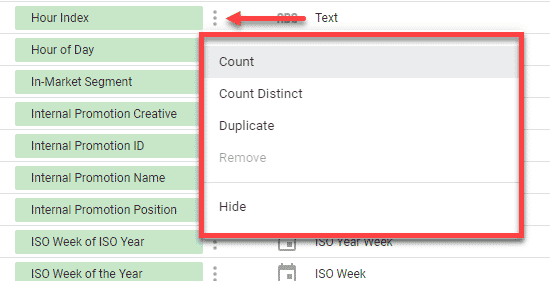 data source field menu