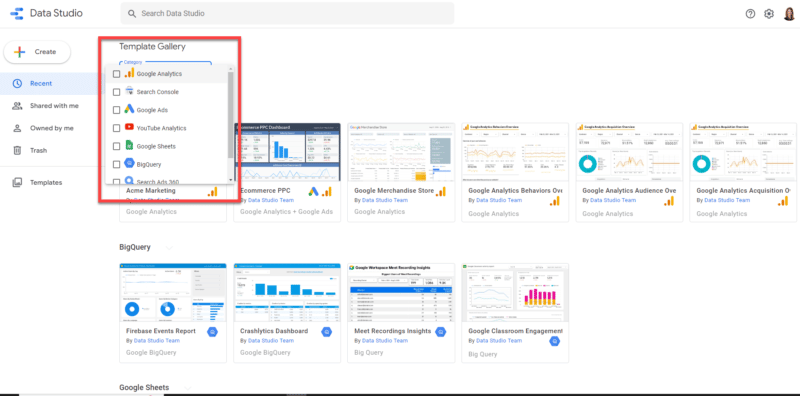 data studio template gallery list