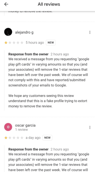 fake restaurant reviews extortion