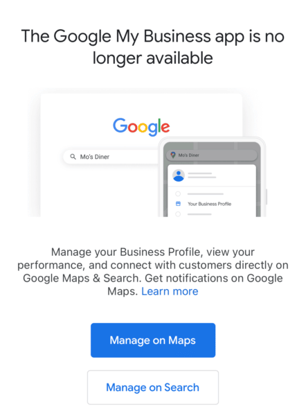 Google My Business mobile app has stopped functioning forever