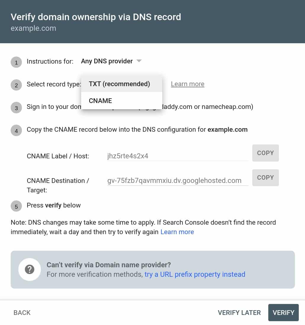 Google Search Console adds CNAME DNS verification