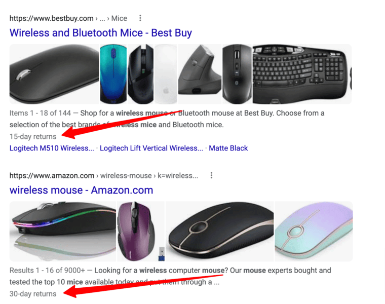 Google показывает льготный период возврата в некоторых результатах поиска продуктов