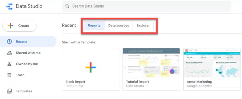 Reports Data Sources Explorer Data Studio 800x330