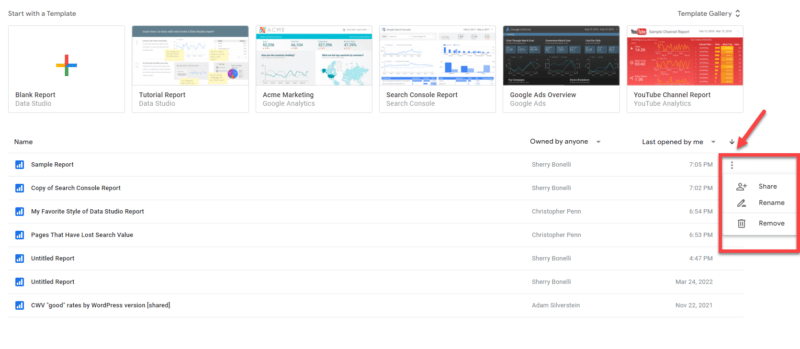 saved data studio reports