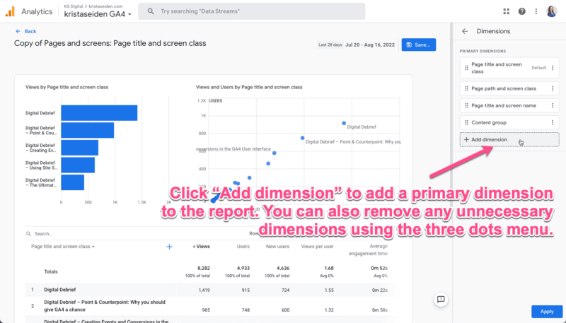 Steps for creating an SEO landing page report in GA4.