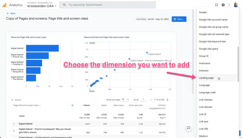 Steps for creating an SEO landing page report in GA4.