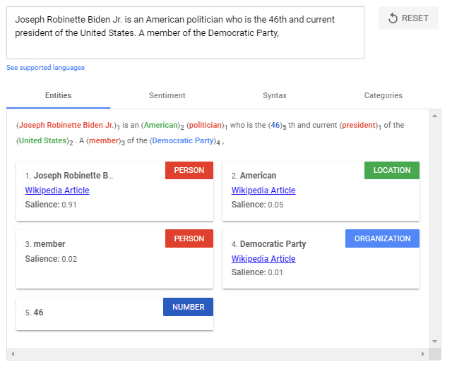 Анализ сущностей с использованием Google Natural Processing API.