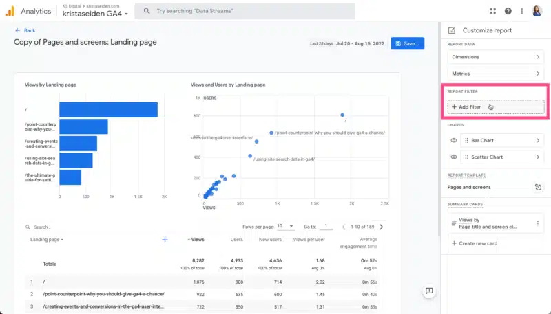 Steps for creating an SEO landing page report in GA4.