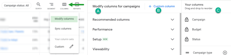 Google Ads interface columns.