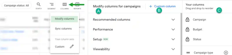 Google Ads interface columns.