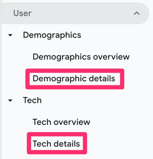 detalhes demográficos do GA4 e os relatórios de detalhes técnicos.