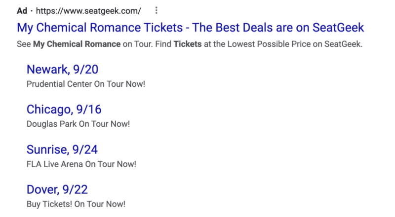 Google Ads results for "My Chemical Romance tickets"