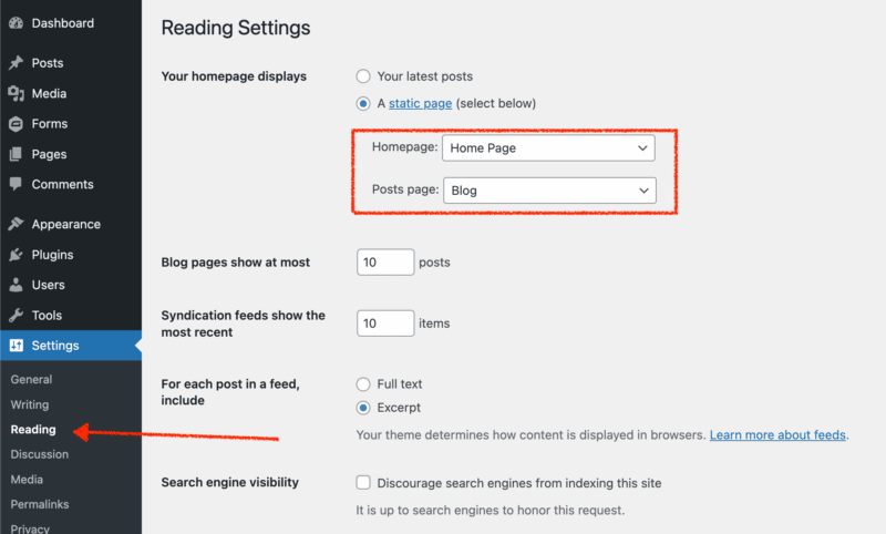 WordPress Reading Settings.