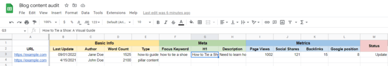 Example spreadsheet set-up for a content audit