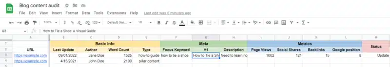 Example spreadsheet set-up for a content audit