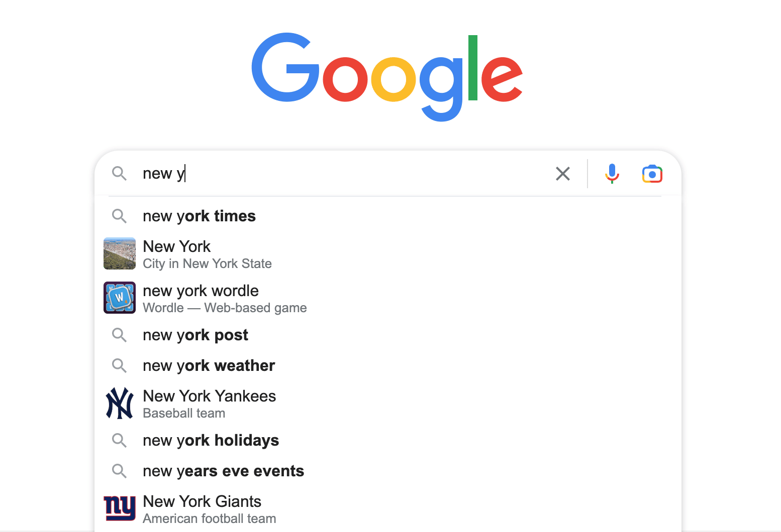 Google Search - Autocomplete for 'new y'