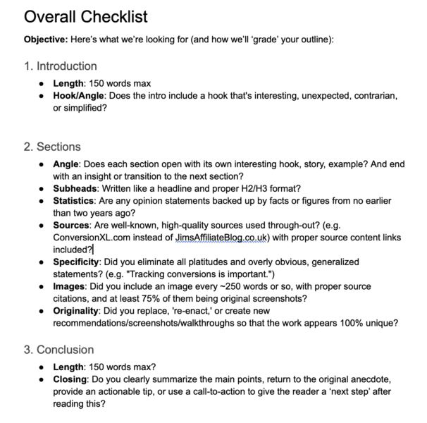 Example of an overall content checklist