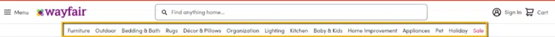 Wayfair main navigation