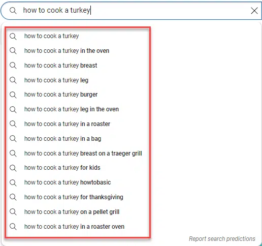 YouTube search predictions for "how to cook a turkey"