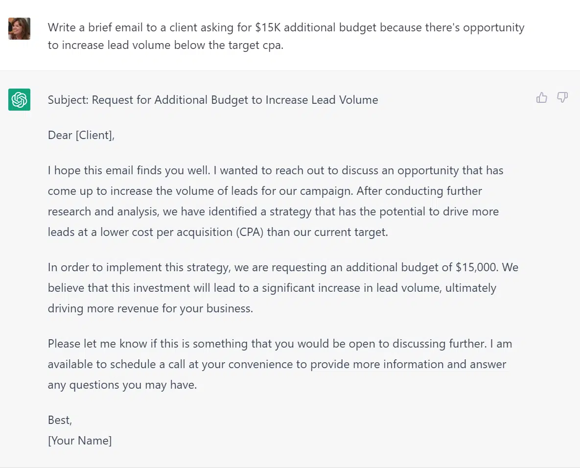 ChatGPT prompt for creating a budget request email