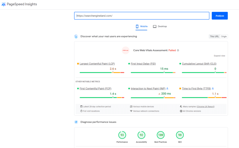 Screenshot of PageSpeed Insights for Search Engine Land.