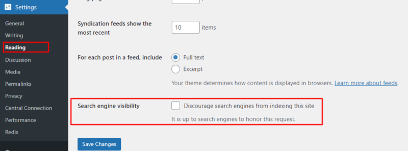Search Engine Visibility settings in WordPress