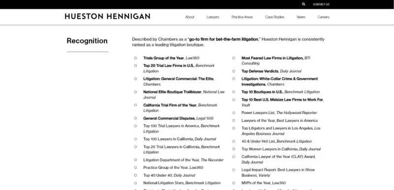 Hueston Hennigan Awards page