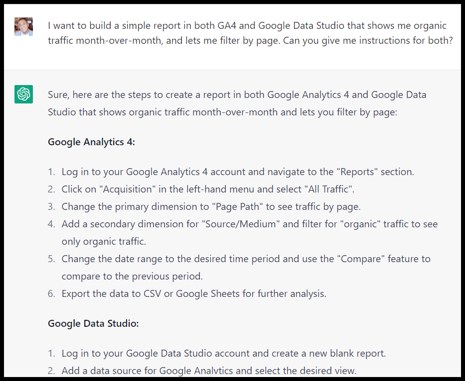 ChatGPT GA4 and Data Studio reports