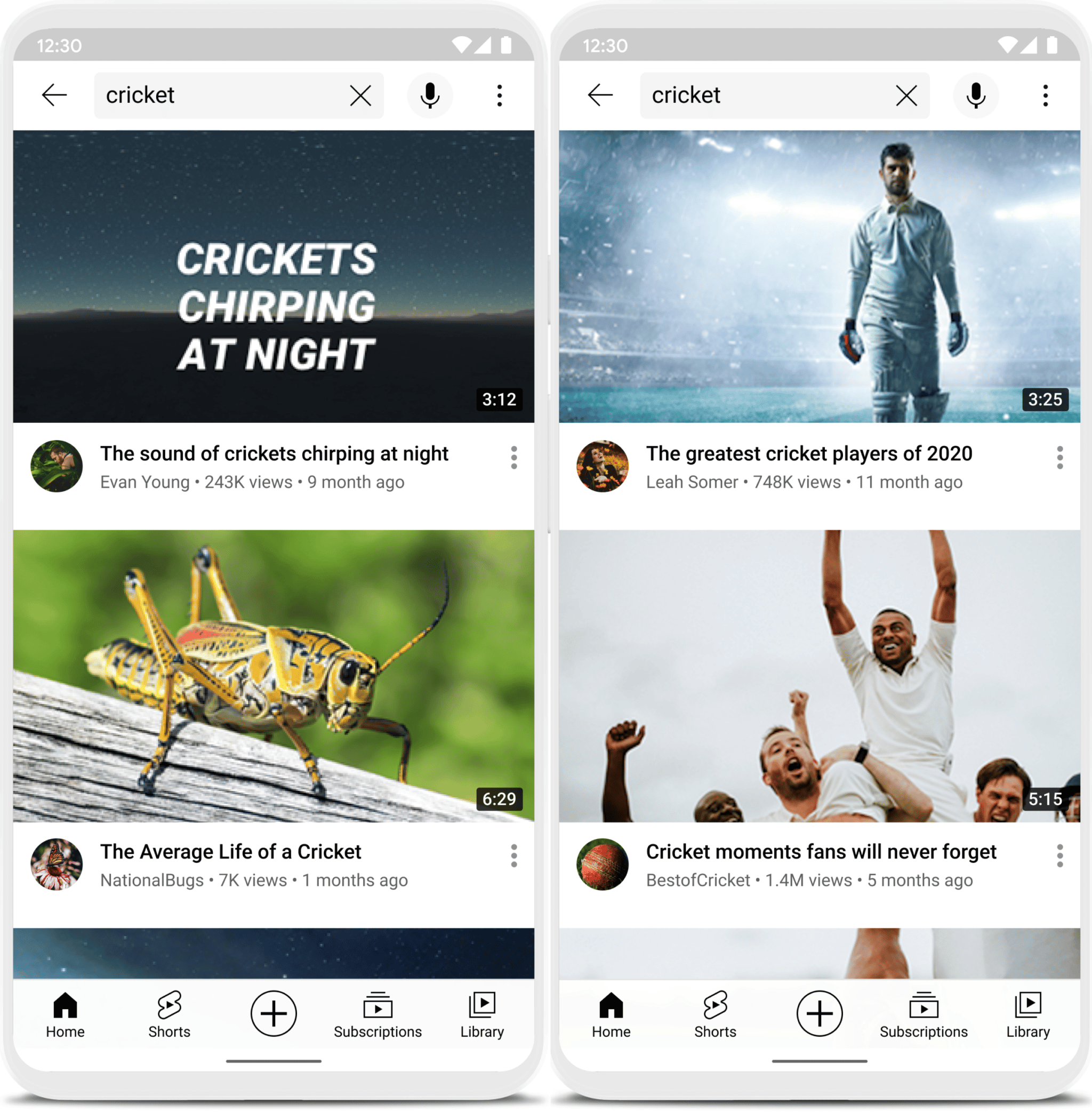 A search for the term "cricket" presents differently on two mobile devices. The device on the left shares videos about crickets in nature and the device on the right shows videos about cricket, the sport.