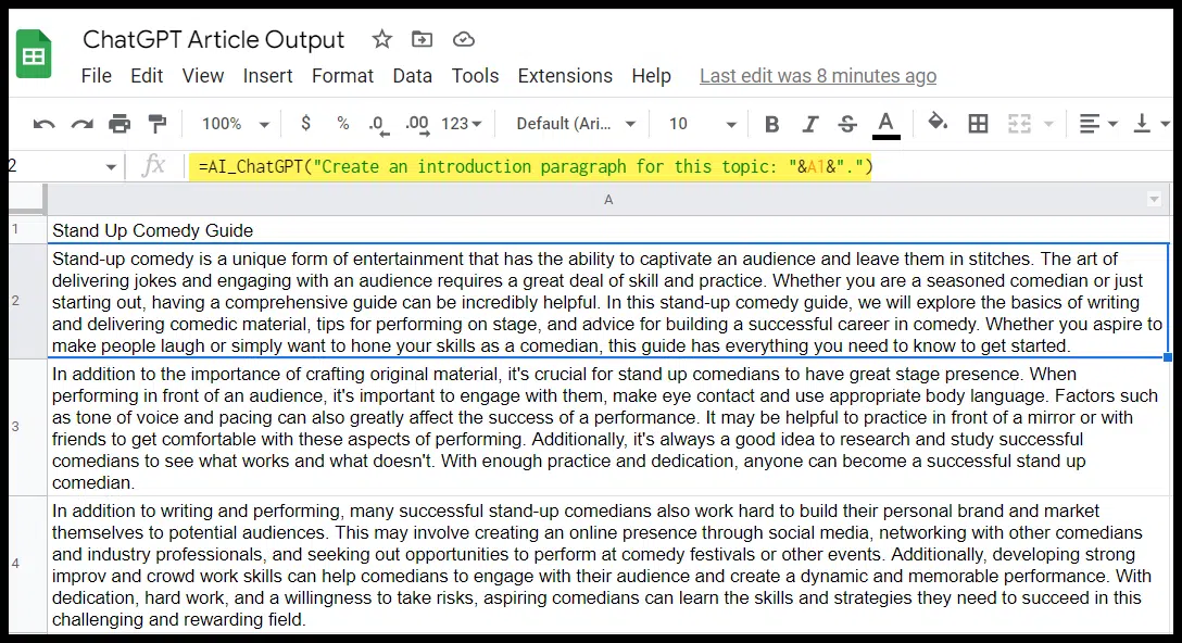 ChatGPT - Google Sheet prompt formula with multiple cells