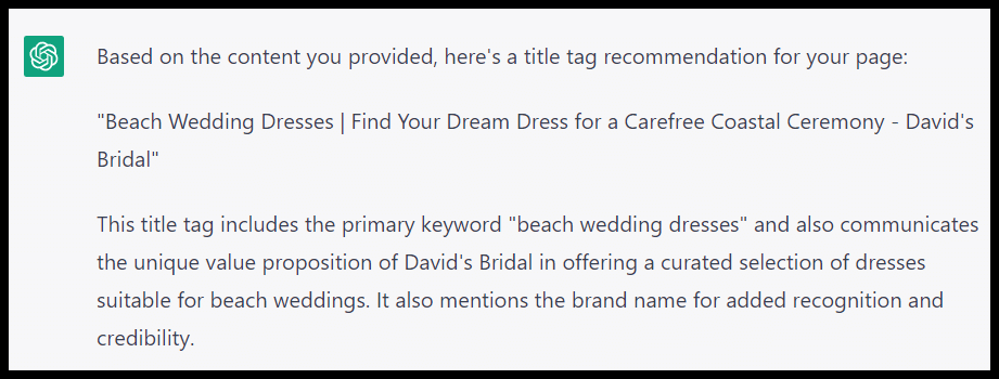 ChatGPT - title tag recommendation
