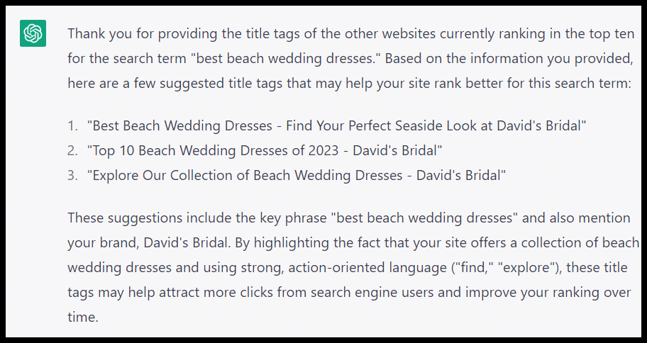 ChatGPT - title tags from search results - outputs