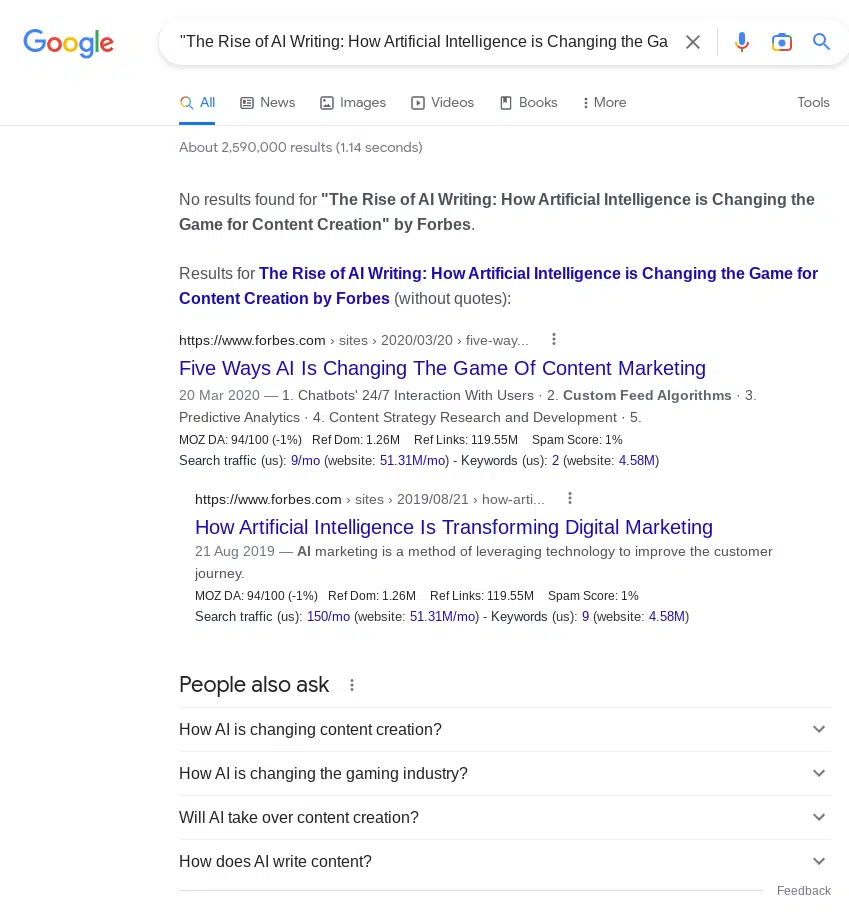 &quot;The rise of AI writing&quot; Google SERPs