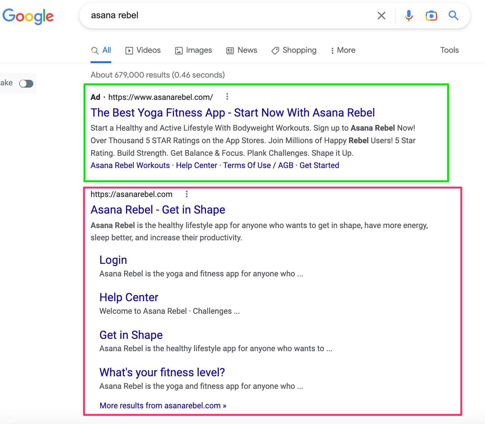 Screenshot of search engine result page for the brand term 