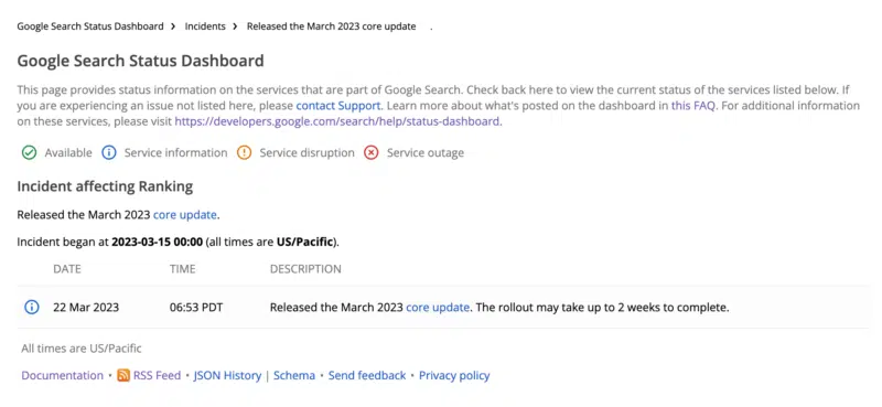 Google Search Status Dashboard Ranking Updates Detail