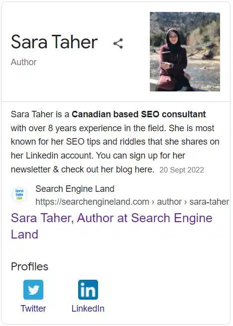 Панель знаний Сары Тахер показывает, что она признана консультантом по SEO.