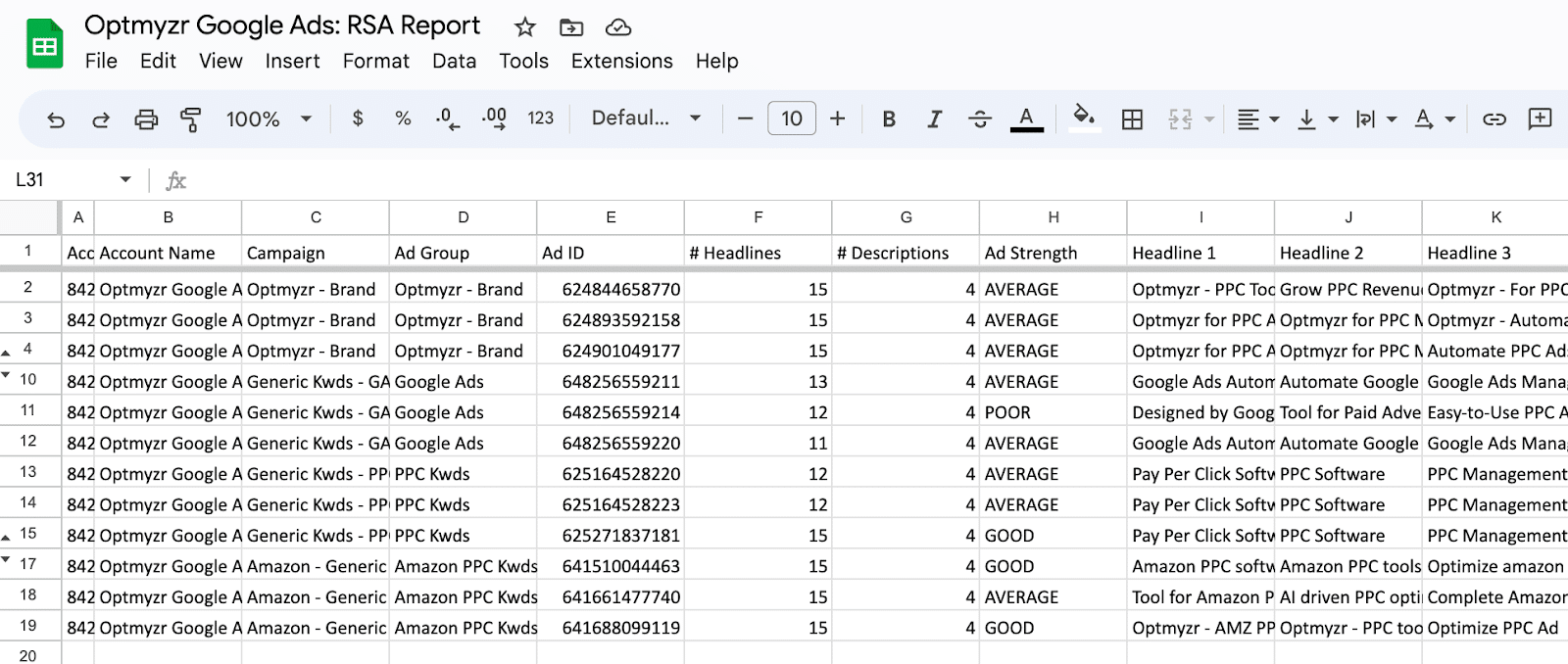 Optmyzr Google Ads - RSA script - spreadsheet screenshot