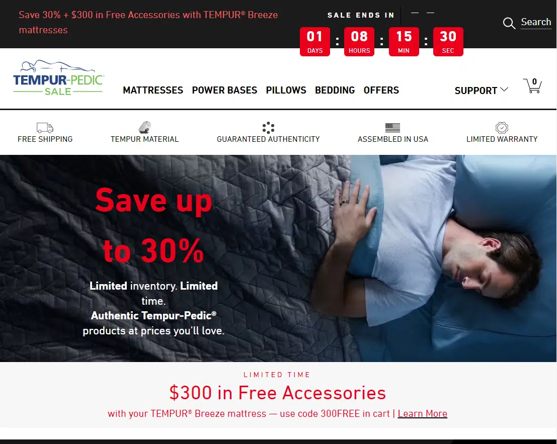 Tempur-Pedic landing page