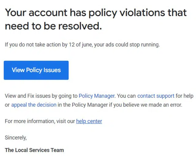 Уведомления о массовом нарушении правил Google Local Service Ads 1685567613