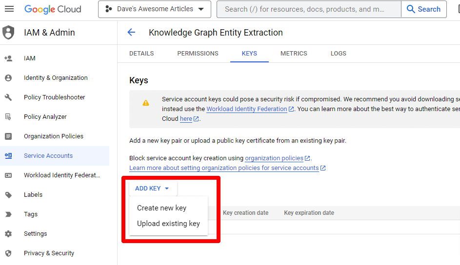 Google Cloud Knowledge Graph Search - Create new keys