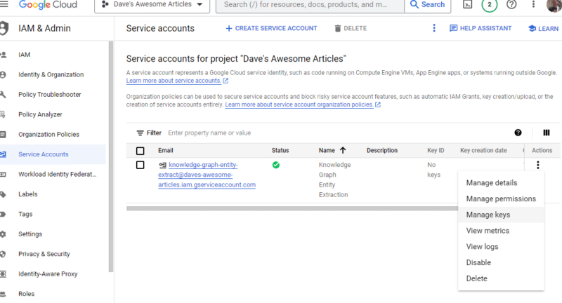 Google Cloud Knowledge Graph Search - Manage keys
