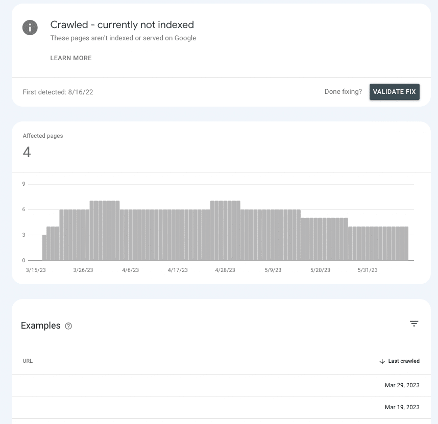 “Crawled - currently not indexed” report in Google Search Console 