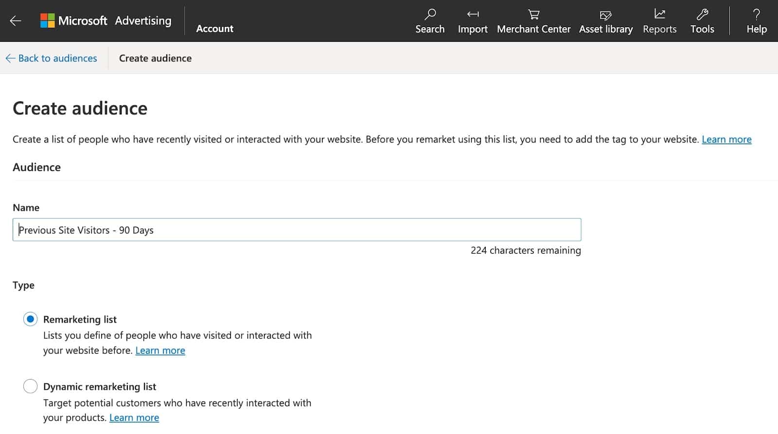 Creating a Remarketing List in the Microsoft Advertising platform