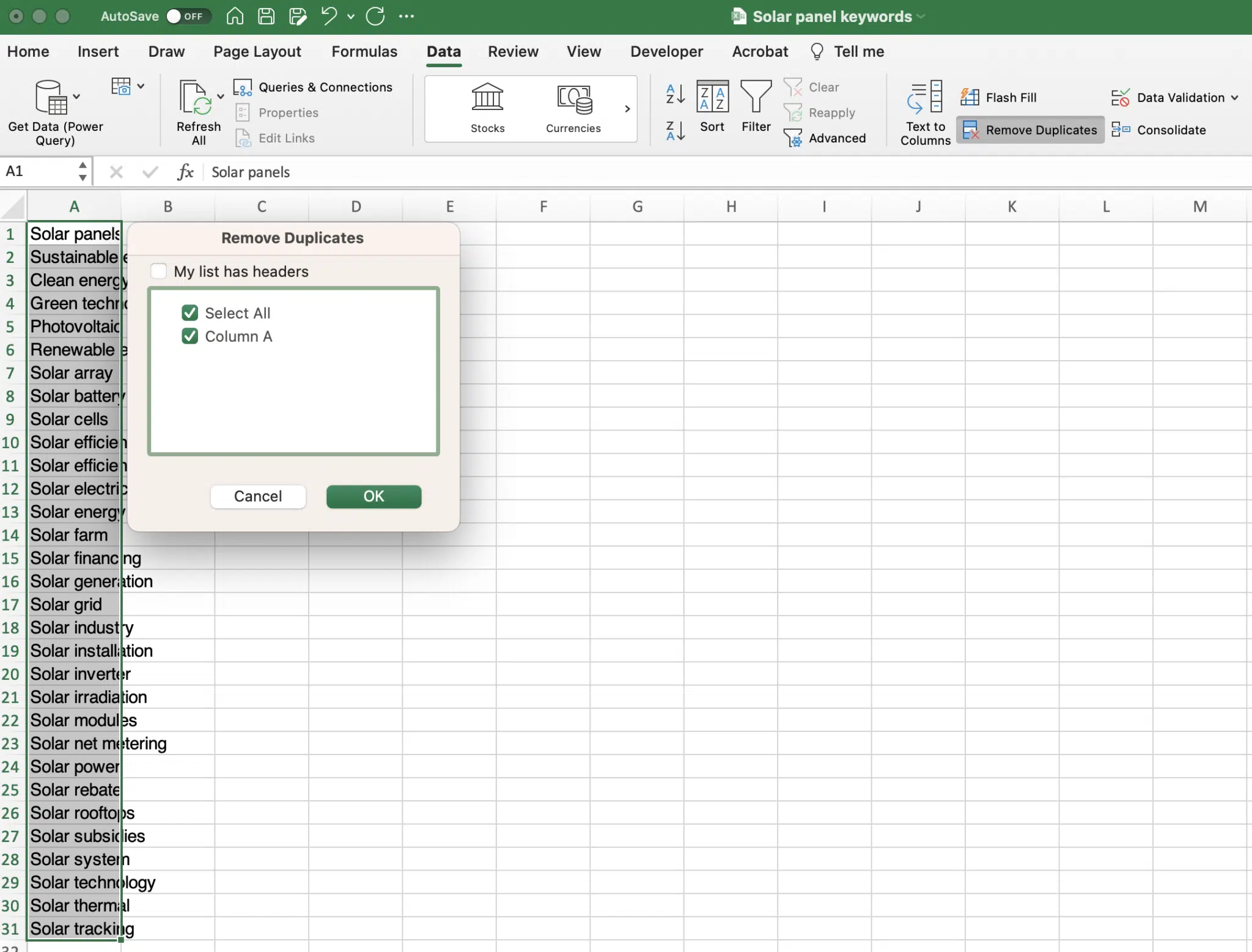 Remove duplicates in Excel